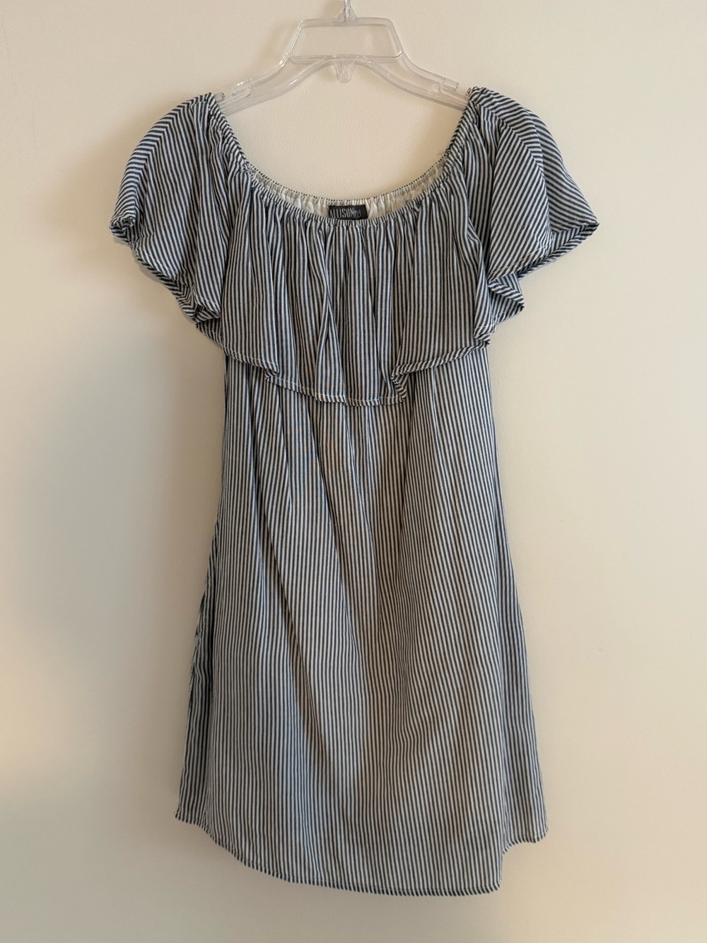 Allison Joy Off the Shoulder Pin Striped Dress with Pockets